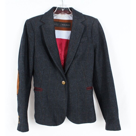 ZARA Basic Women's 100% Lambs Wool Elbow Patch Blazer Jacket Size XS - Picture 1 of 16